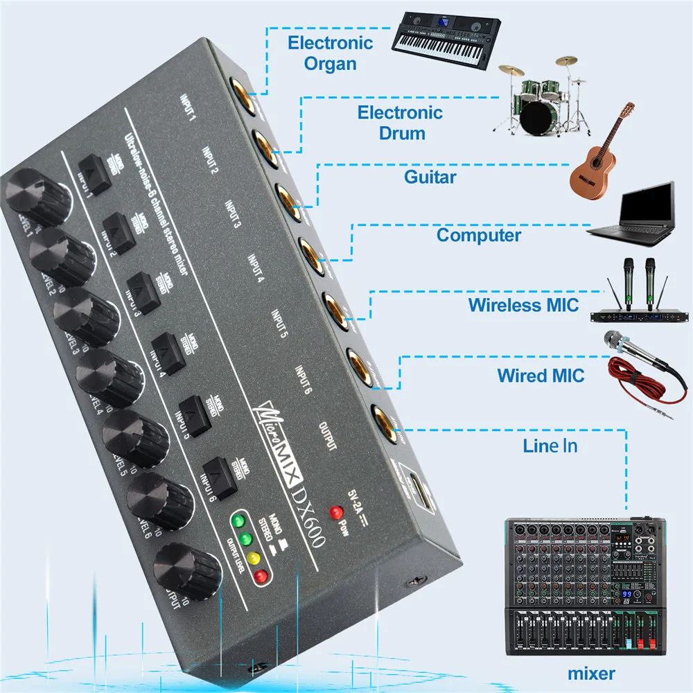 Audio Mixer Upgraded DX400/600/800 Ultra Low Noise 4/6/8 Channel Line Mini Power Supply DC5V Easy Operation