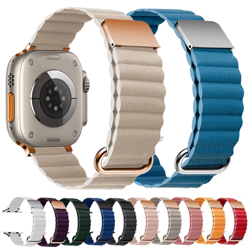 Magnetic Strap for Apple Watch Ultra Band 49mm 44mm 40mm 41mm 45mm 38mm Leather Bracelet Iwatch Series 8 7 SE 6 5 4 Accessories