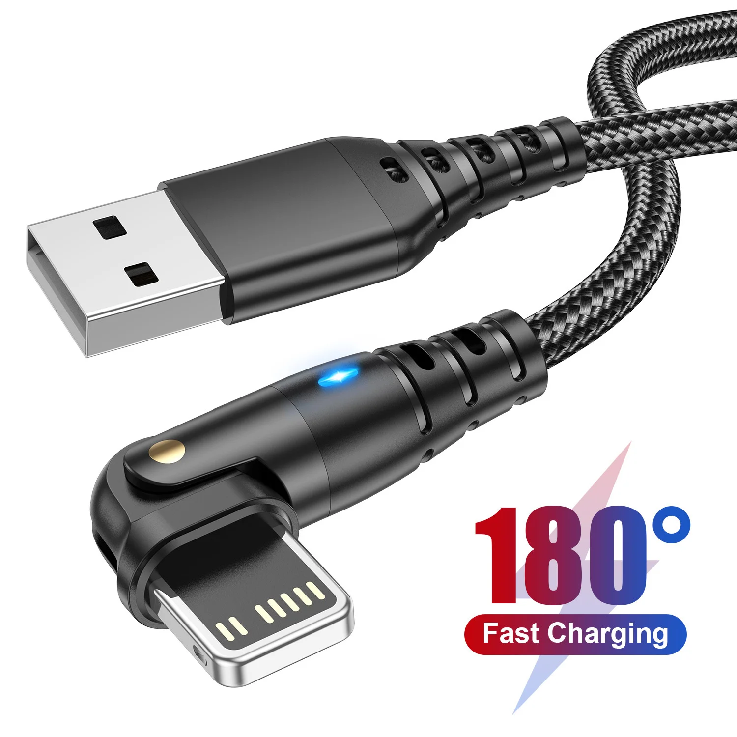 

USB IOS Cable Fast Charge Cable 180 Rotation USB Data Transmission Cord for iphone 15 14 Samsung Xiaomi Phone LED Indicator