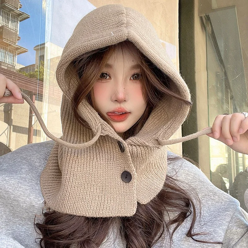 Winter Hat With Hood & Scarf Knitted Balaclava Beanie For Women & Girls Warm Breathable Adjustable-Grey High Guality