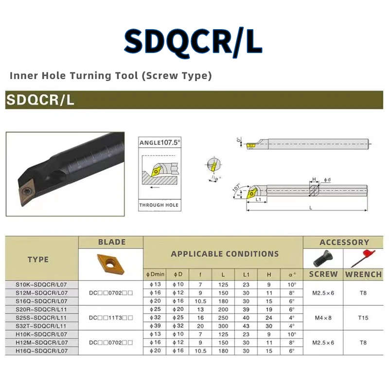 SDXCR SDUCR SDQCR Lathe Screw Boring Bar S10K S12M Internal Turning HSS C08K DCMT Carbide Alloy Steel Tool Holder 0902 11T3