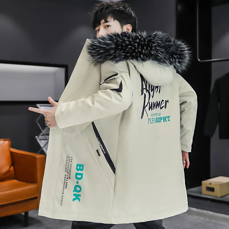 Autumn Winter Men's Plush Windbreaker Parka Youth Outwear Mid-Length Warm Fleece Jackets Detachable Fur Collar Thicken Coat