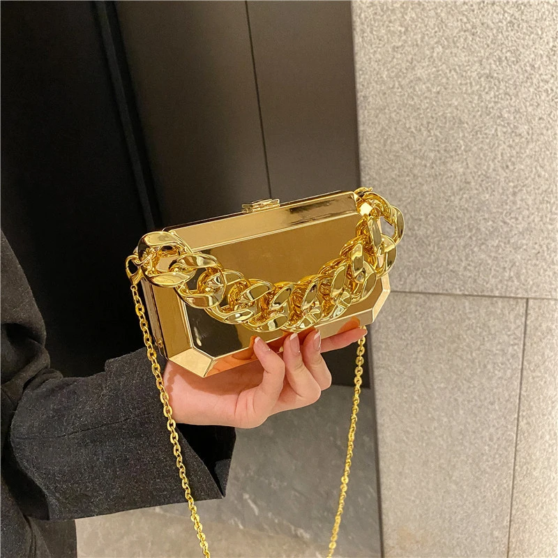 

Party Queen Metal Bag Women's Handbag Fashion Personality Thick Chain Gold Evening Bag Banquet Box Bag Shoulder Bag