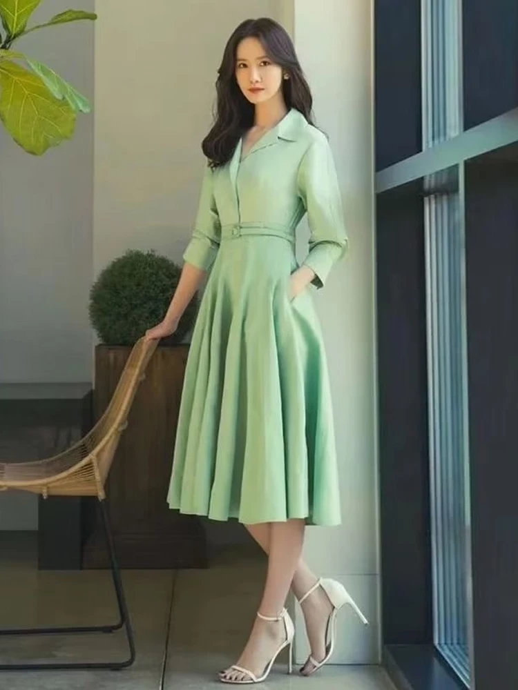 

Designer New High Quality Women's Spring Autumn Vintage Fashion Celebrity Casual Party Elegant Belts Slim Shirts Midi Dress