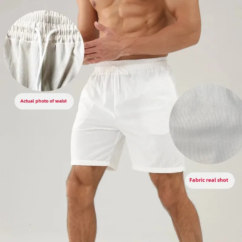 Men's Sporty Corduroy Shorts with Waistband Five-Point Casual Pants Summer Trendy Solid Color Skateboard Long Trousers