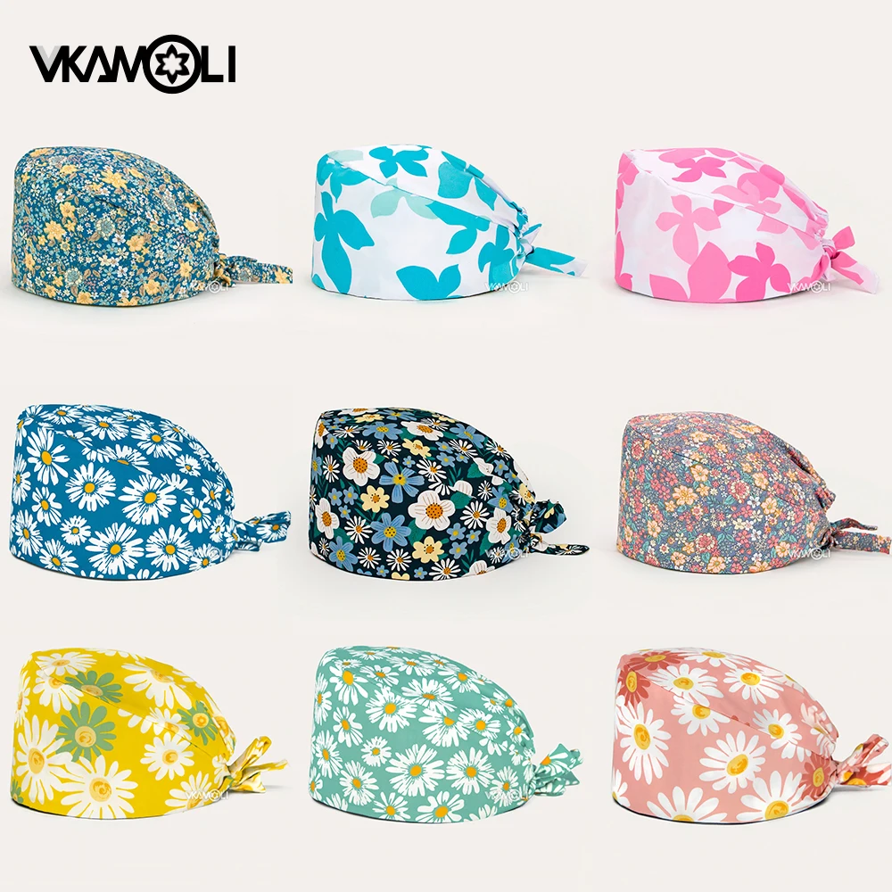 Women's Cotton Scrubs Caps Sweat-absorbent Elastic Section Pet Grooming Nursing Work Hats Lab Flower print Scrub Hat