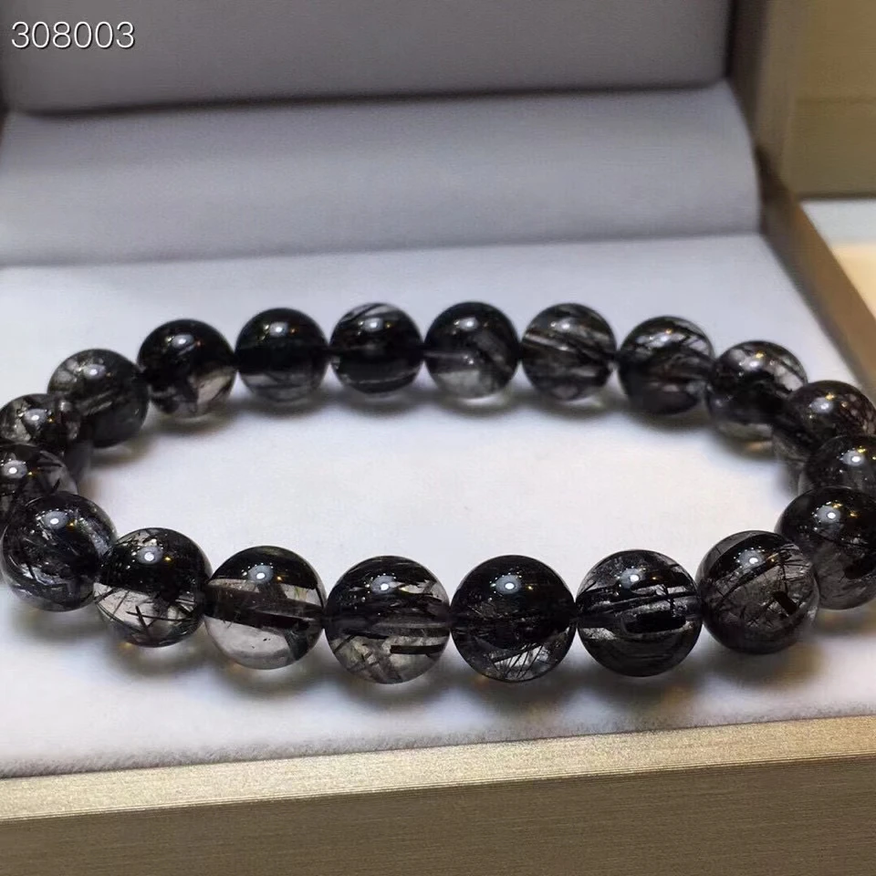 

Natural Black Rutilated Quartz Beads Bracelet Brazil Women 9.5mm Clear Round Beads Rare Wealthy Bangle AAAAAAA