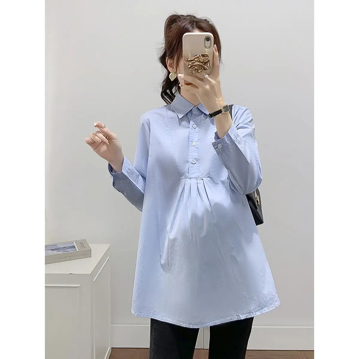 임산부용 긴팔 셔츠, 카라형, 루즈핏, 봄/가을, 블루/화이트, 전문직/캐주얼, 임산부 의류