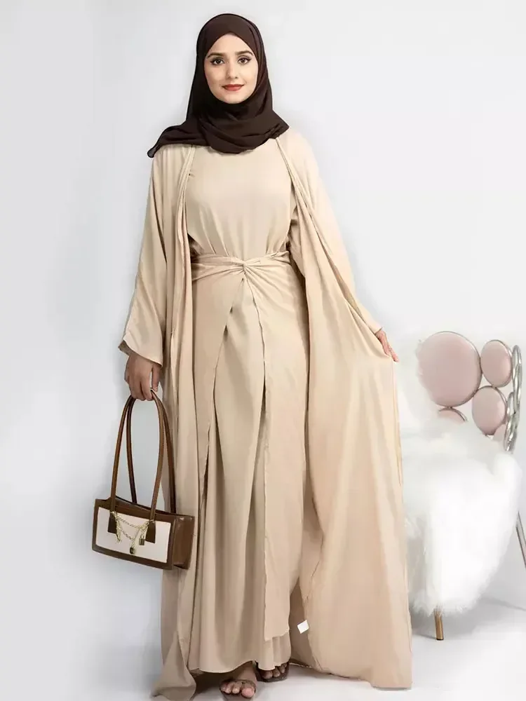 3 Pieces Abaya Kimono Set Matching Muslim Suit Linen Abayas for Women Dubai Turkey Hijab Dress+Wrap Skirt Islamic Modest Outfit
