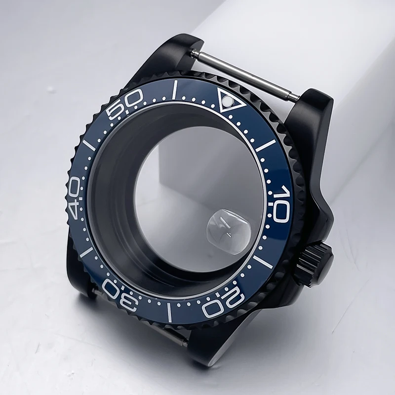 All-Black Sub Style Watch Case with Rubber Strap and Sapphire Crystal