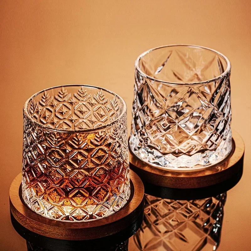 Retro Rotating Whisky Glass Cup Bamboo Coaster Spinning Top Stress Relief Wine Enjoyable Cups Home Bar Drinking Utensils