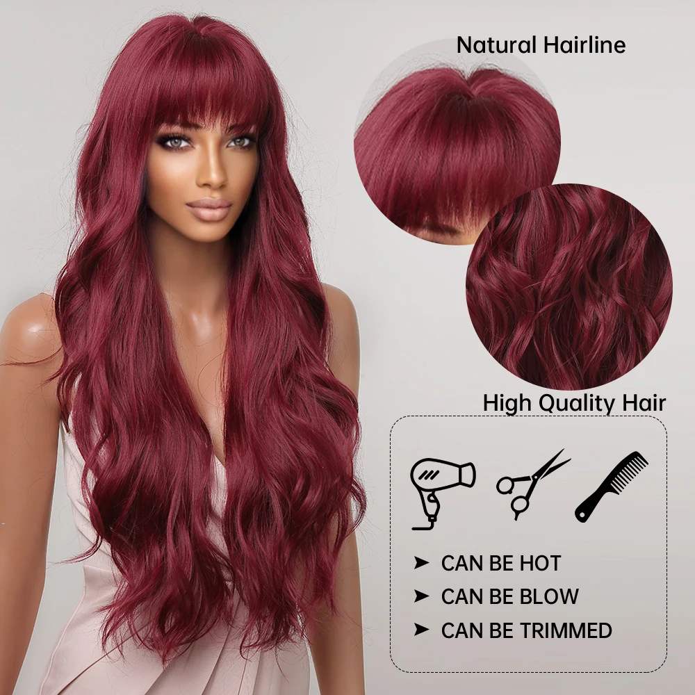 Long Wavy Wine Red Synthetic Wigs Natural Wave Afro Wigs With Bangs for Black Women Cosplay Costume Wig Heat Resistant Fiber synthetic wig