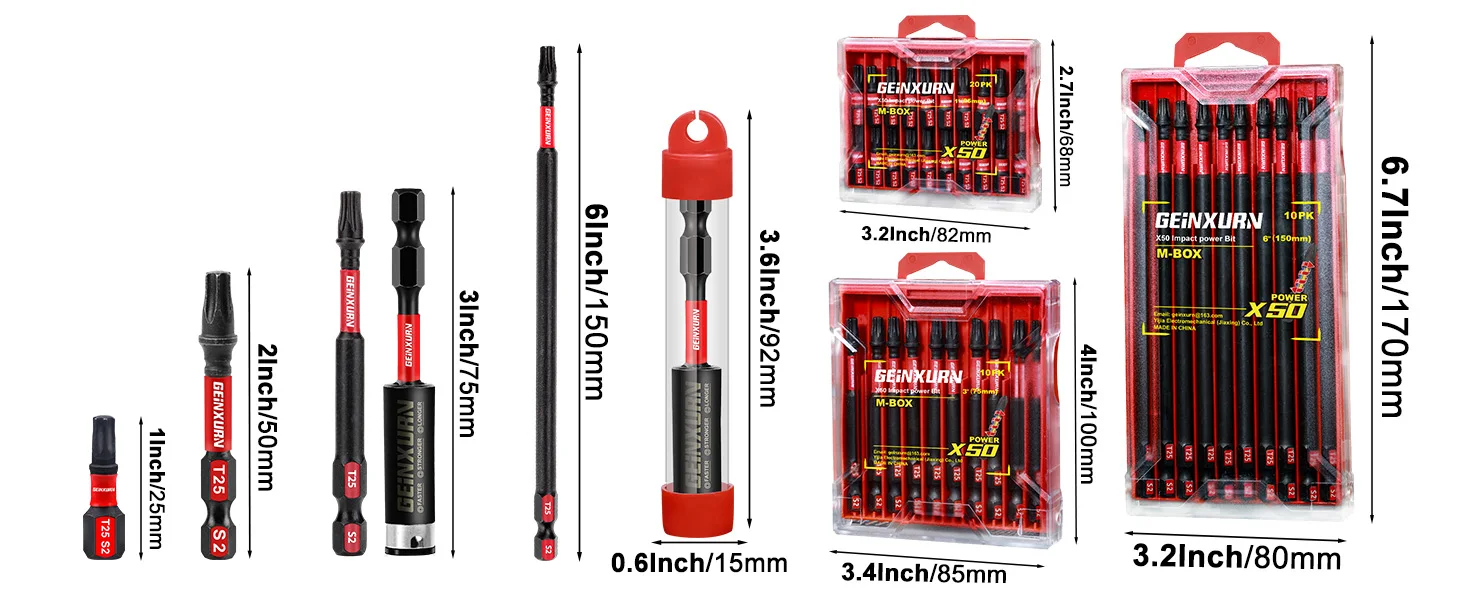 Geinxurn T25 Impact Robustes magnetisches Schraubendreher-Bit-Set, # 25 Torx-Kopf-Power-Bits, S2-Stern-Bits aus legiertem Stahl mit Aufbewahrungsbox M-Box – Detail 2