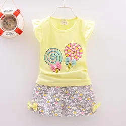 Toddler Girl Lollipop Print Summer Outfit - T - Shirt & Shorts Set - 4T (Yellow)