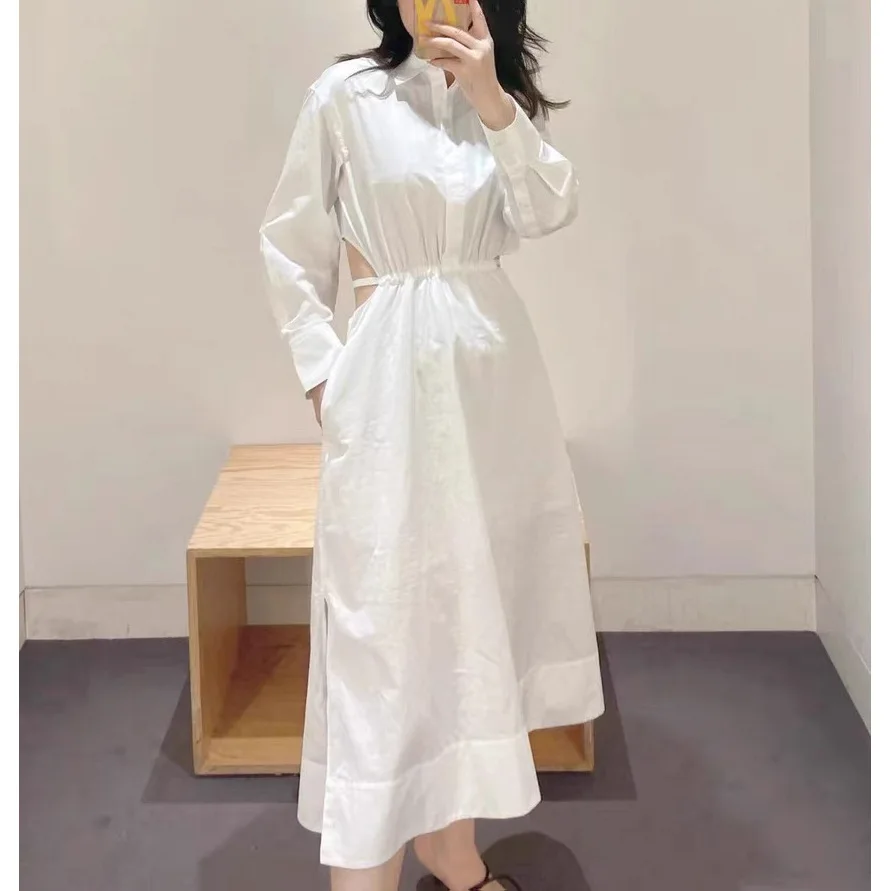 

Женское однобортное платье миди с отложным воротником, длинное ажурное Плиссированное облегающее платье с длинным рукавом, весна 2023