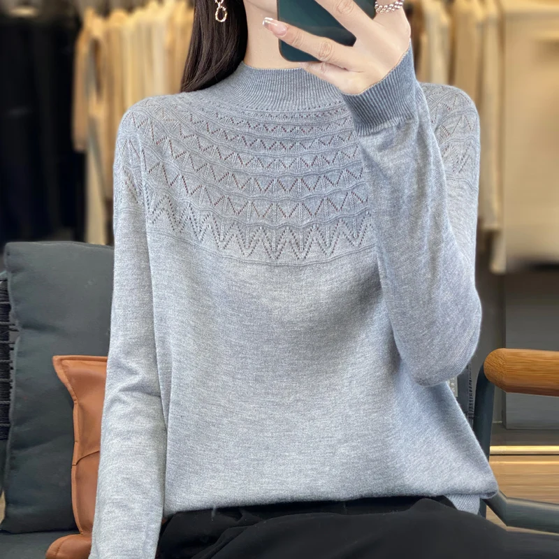 

Seamless Imitation Wool Half High Collar Pullover For Women's Long Sleeved Solid Color Spring Autumn Thin Hollow Knit SweaterTop