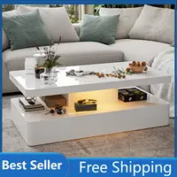 LED High Glossy Coffee Table Modern Coffee Table for Living Room 2 Tiers Rectangle Design Coffee Table with 16 Colors LED Lights 1