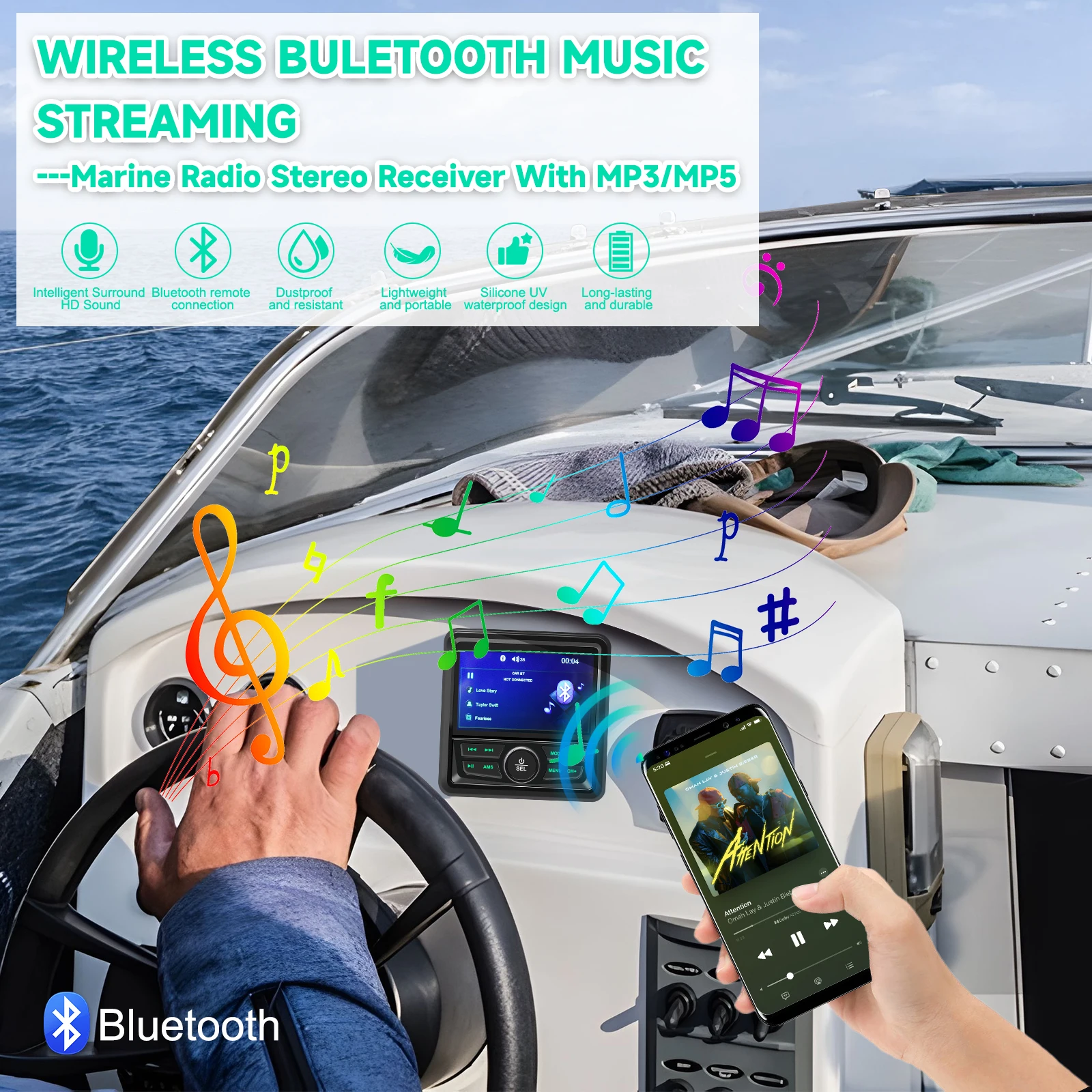 Waterproof Marine Radio Stereo MP3 Player Media Receiver For UTV ATV Boat Truck Head unit Sound System Compatible With Bluetooth