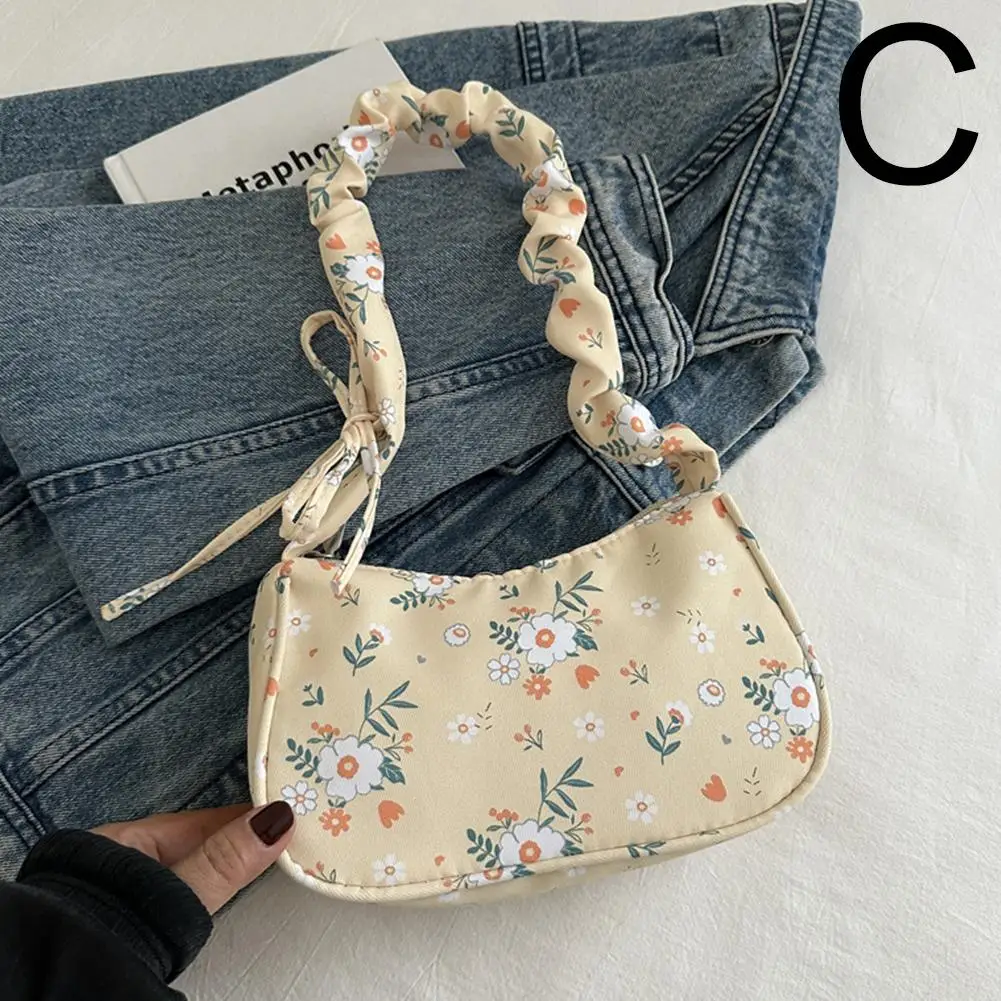 Women Small Corduroy Handbag Cute Pleated Shoulder Underarm Half Design Tote Bag Purse Moon Flower Purse Bag Print Little D7D9