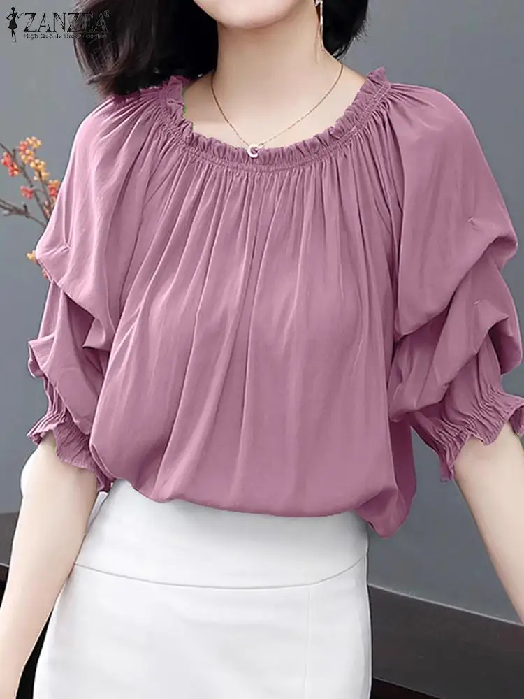 

Женский топ ZANZEA с волнистым вырезом, летняя офисная блузка 2024, модная однотонная эластичная рубашка с рукавом до локтя, винтажные плиссированные топы