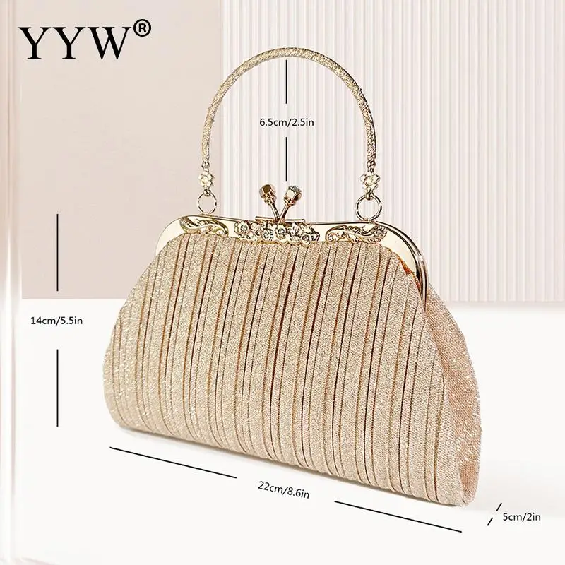 Fashion Women Evening Handbag Top Handle Kiss Lock Clutch Bag Glitter Sparkly Pleated PU Leather Lady Crossbody Shoulder Tote