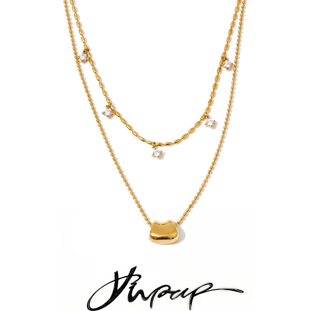 Yhpup Double-Layer Zirconia Drop Necklace Stainless Steel