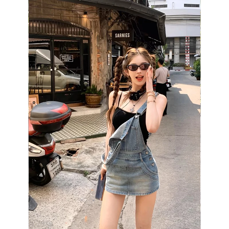 

2024 New Leisure Jean Strap Mini Dress Women Vintage Y2k Clothing Sleeveless Denim Dress Korean Even Party Chic Camisole Skirt