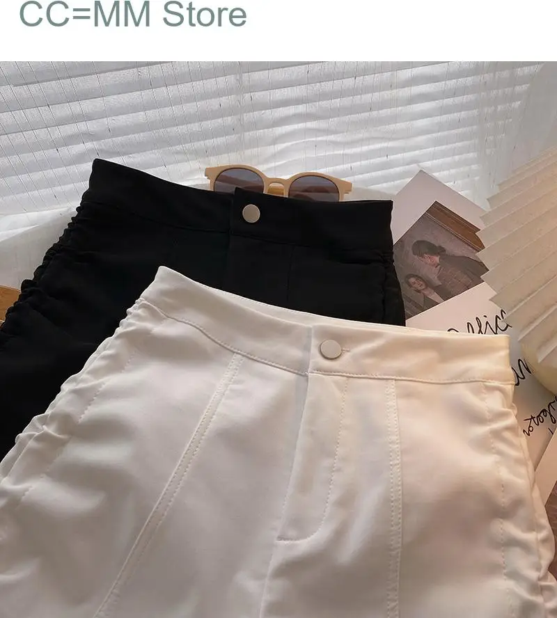 New Black White Shorts for Women High Waisted Korean Fashion Shirring Chic Shorts Ladies Casual Wide Leg Shorts