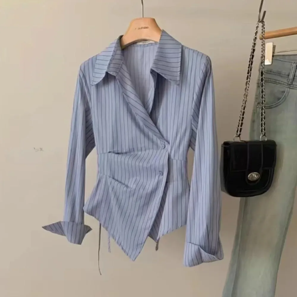 Chemise rayée décontractée printemps-automne pour femme, chemisier élégant à manches longues, coupe ajustée, hauts de bureau pour femme