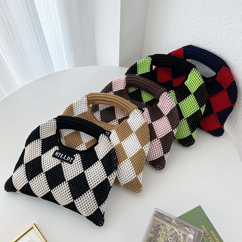 Soft Handwoven Diamond Lattice Knit Small Top Handle Bag Contrast Color Plaid Mini Tote Cute Y2K INS Style Minimalist Wholesale