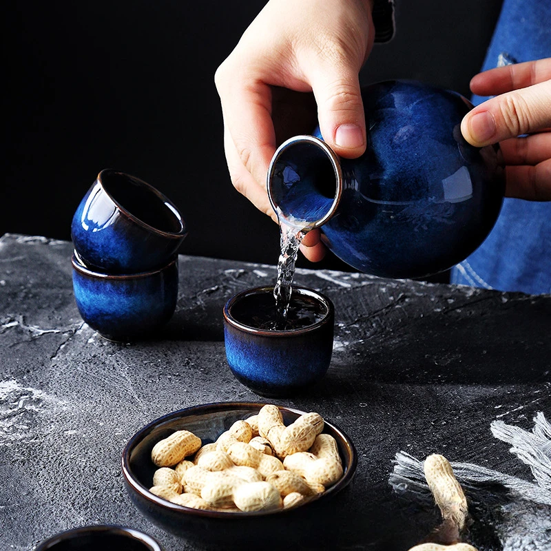 Japanese Sake Set Ceramic Blue Wine Cup Pot Tableware Retro Home Shochu Pot 1 4 Cups Set Tableware Barware Accessories