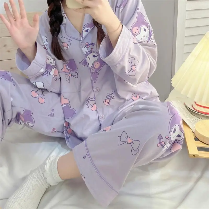 Kawaii Sanrio Cartoon Girl Cotton Long Sleeve Pajamas Sets Cinnamoroll  Kuromi Cute Anime Student Thin Home Wear Christmas Gifts