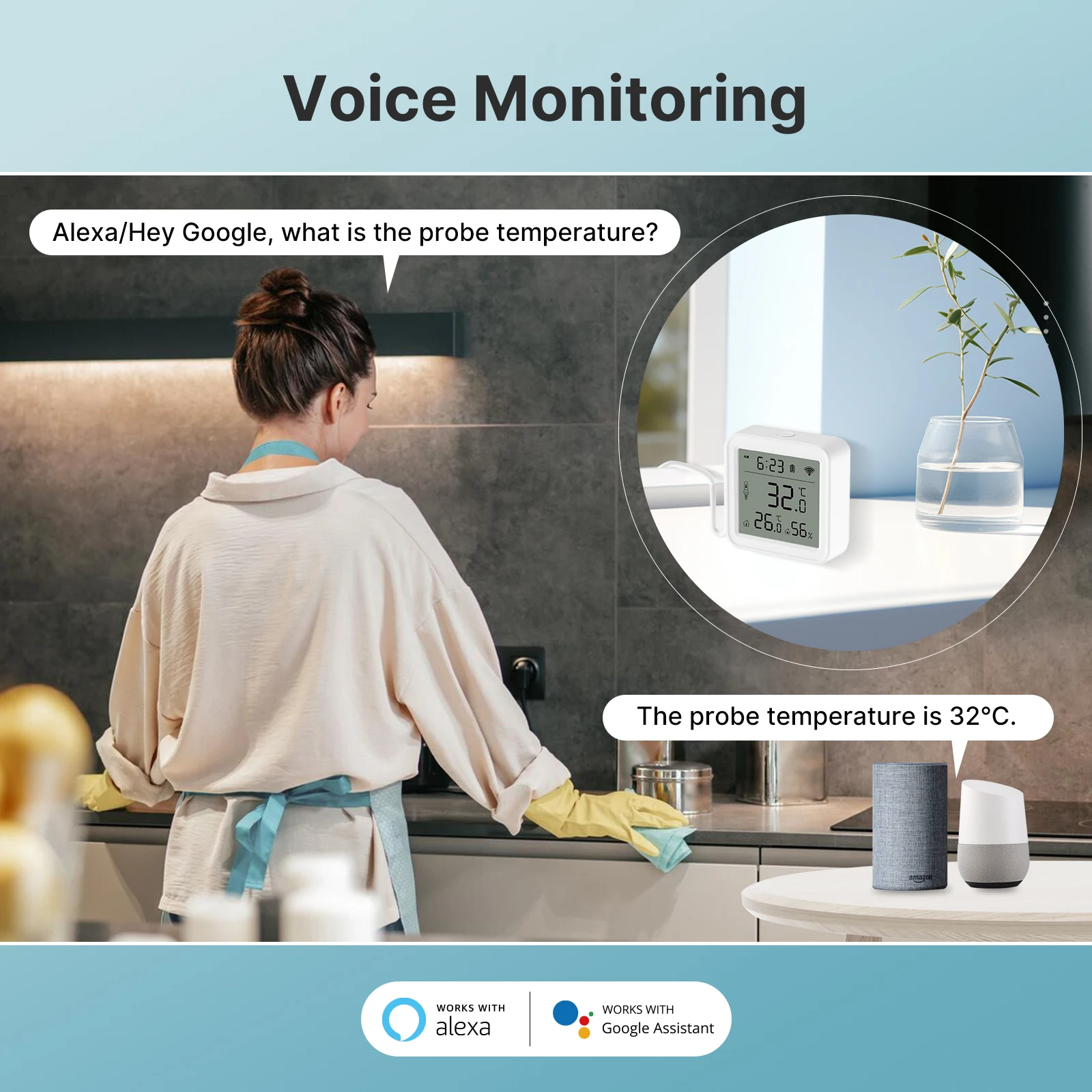 MOES Tuya WiFi Smart 1M External Sensor Cable Probe Temperature Humidity Sensor App Remote Monitor Work With Alexa Google Home