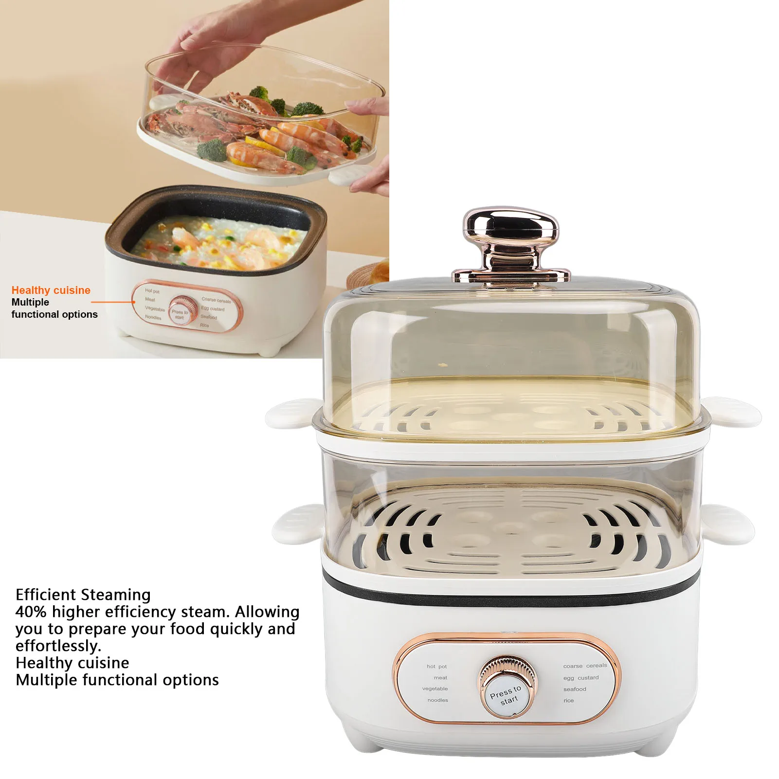 2 Tier Electric Steam Pot 1200W 10.5L Stackable Multipurpose Cooker Electric Hot Pot with Steaming Plate for Soup Noodles Oatmea 3