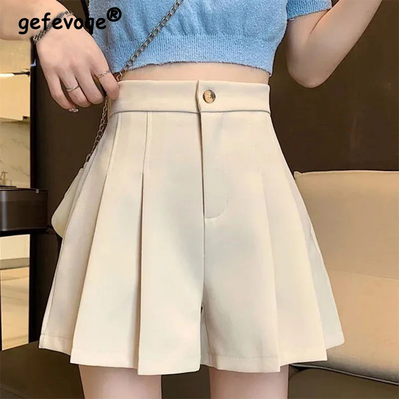 Women's Clothing Summer Korean Fashion High Waist Pleated Elegant Suit Shorts Y2K Casual Streetwear Solid Wide Leg Short Pants