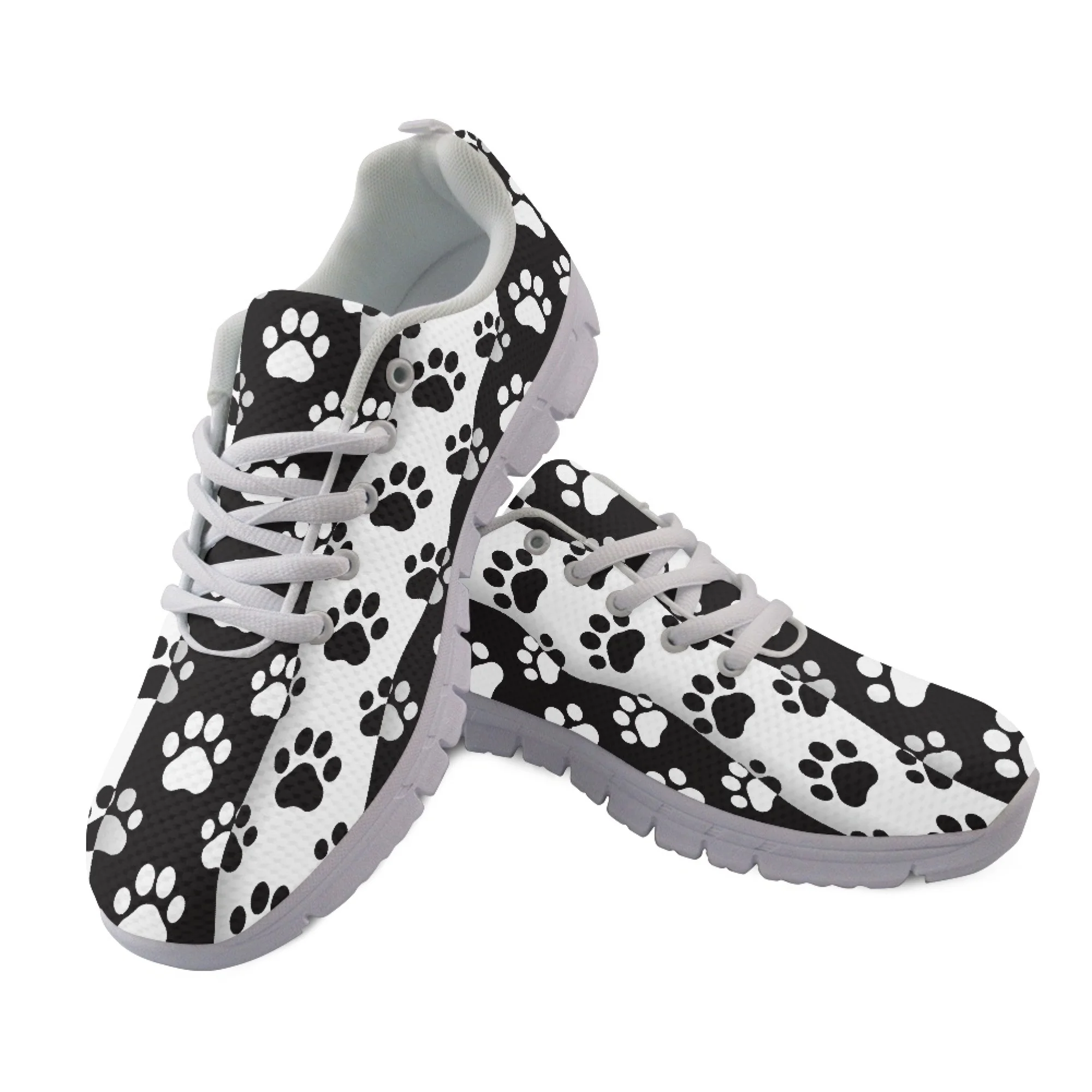 

Yikeluo Fashion Black White Paw Printing Women's Sneakers Breathable Flat Shoes for Female Casual Lace Up Walk Shoes Lightweight