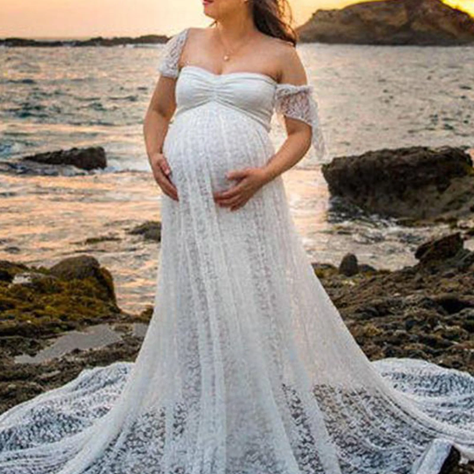 

Maternity Lace Trailing Dress Pregnant Women Off Shoulder Short Flying Sleeve Solid Color Long Dress Photography Dress Slim Robe