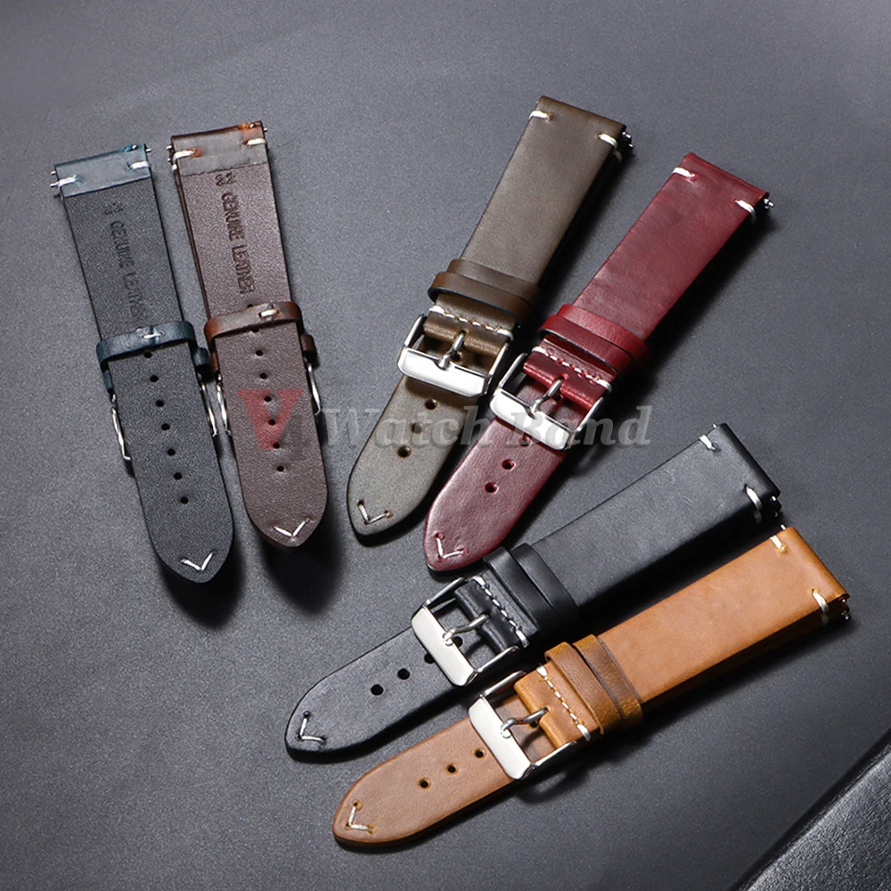 Vintage Brown Oil Wax Leather Watchband with Universal Stitching