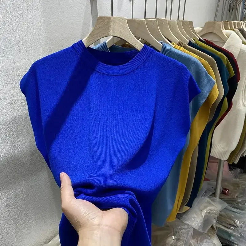 Women's T-shirt Summer O Neck Knitted Fashion Woman Blouse Short Sleeve Tees Solid Color Ice Silk Oversized T-shirt Women