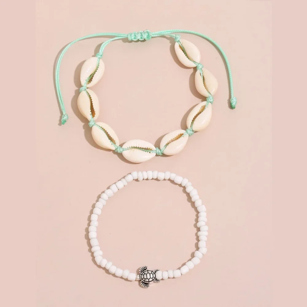Ankle Chains Bohe Ethnic Braided Rope Chain Rice Beads Anklets Set For Women Girls Turtle Charm Foot Chain 2PCS beads anklet