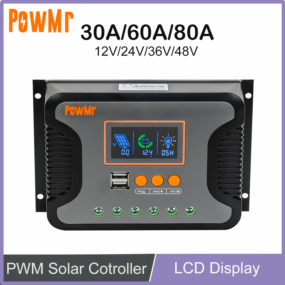 ตัวควบคุมชาร์จแบตเตอรี่พลังงานแสงอาทิตย์ PWM พร้อมหน้าจอ LCD และ USB