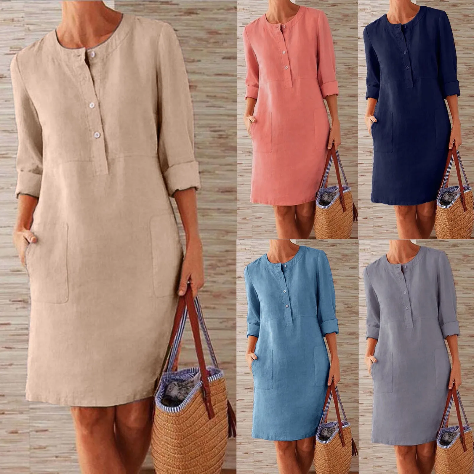 

2024 Spring Summer Women Cotton Linen Casual Dress Boho Long Sleeve Button Pocket Solid Colour Loose Knee Length Dresses