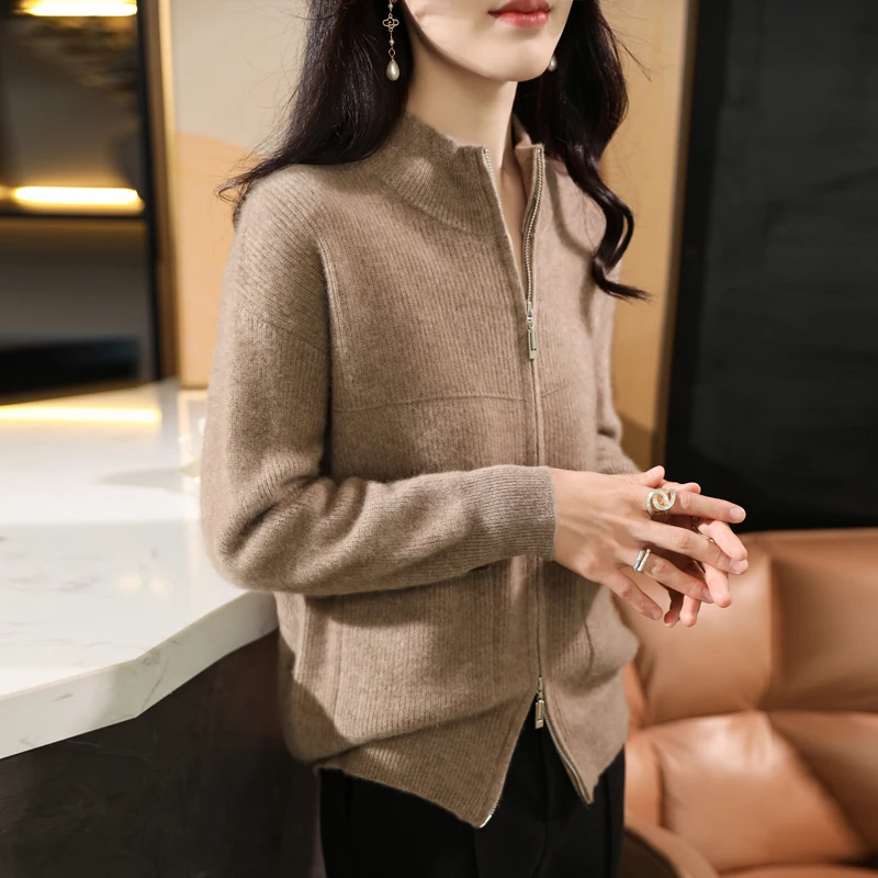 New 100% Merino wool autumn/winter women's sweater half turtleneck zip-up cardigan fashion pocket warm bottom knit coat top - Image 6