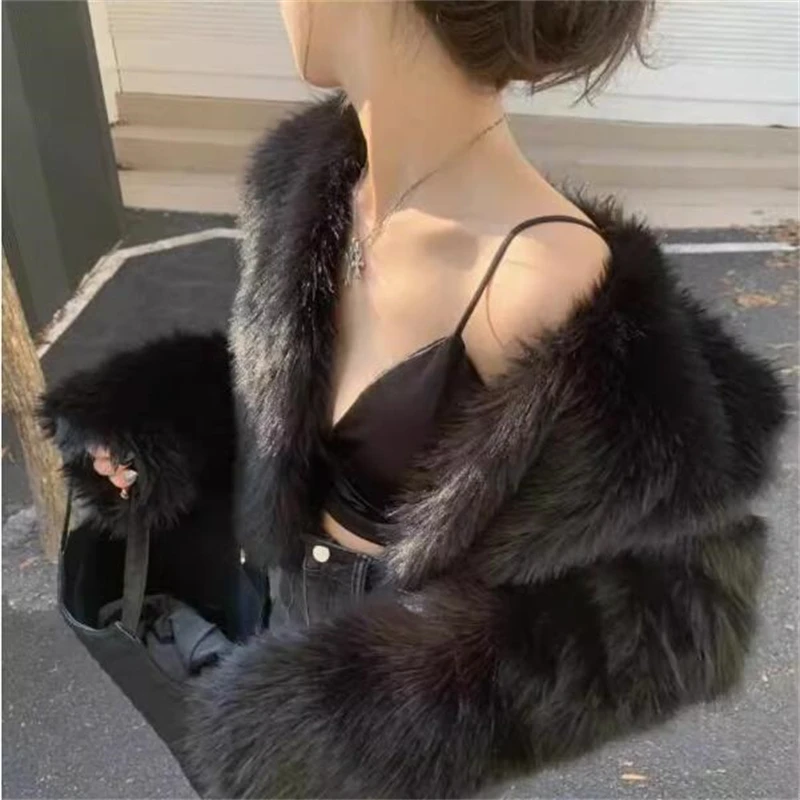 High-Quality Winter Oversized Faux Fur Overcoat Women Casual Soft Thick Warm Plush V-Neck Coat Korean Fashion Clothing Jackets