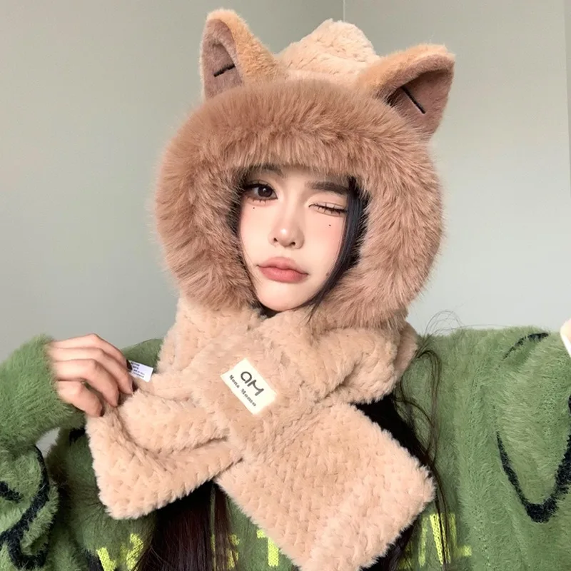 Fox Ear Hat Scarf One Piece Women's Winter Cute Plush Furry Animal Set with Neck Connection Two Piece