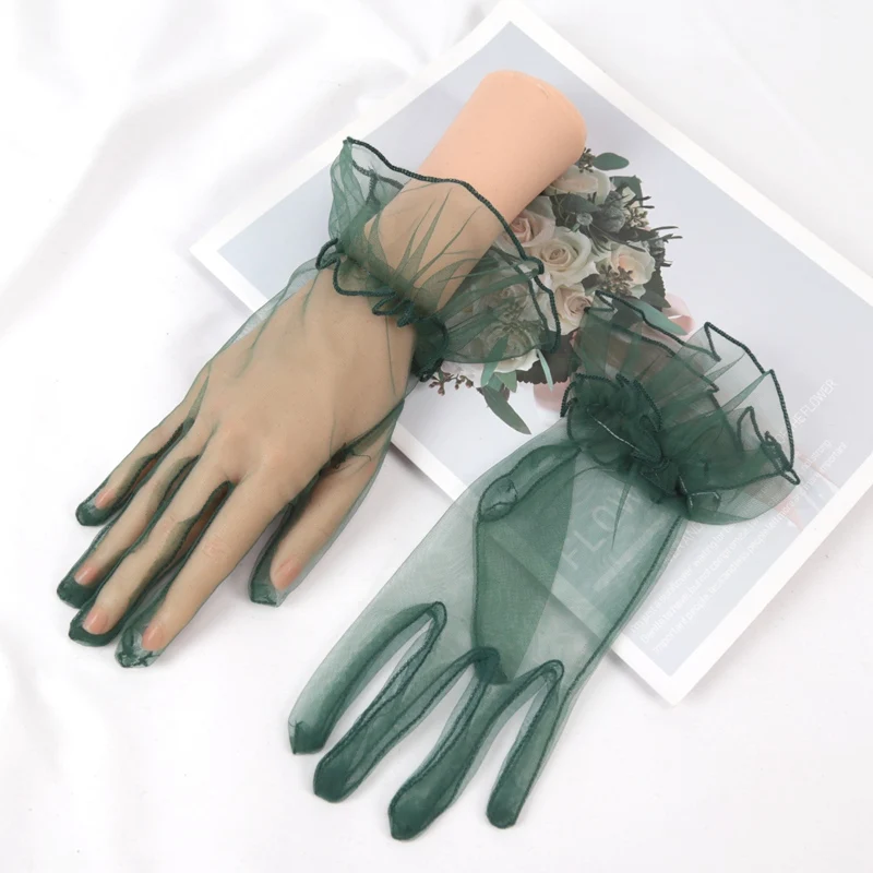 New Sexy Wedding Tulle Gloves for Women Bridal Ultra Thin Breathable Mittens Black Short Mesh Full Finger Guantes Lace Gloves