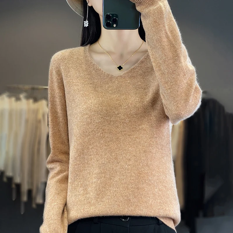 Women 100% Merino Wool Sweater V-Neck Basic Pullover Autumn Winter Cashmere Clothing Long Sleeve Soft Knitwear Tops Solid Color 4