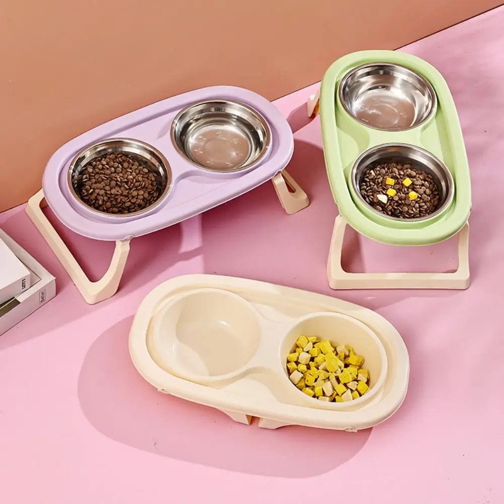 Double Bowls Pet High Footed Bowl Anti-flip Detachable Cat Food Water Bowl Anti-vomiting with Foldable Stand