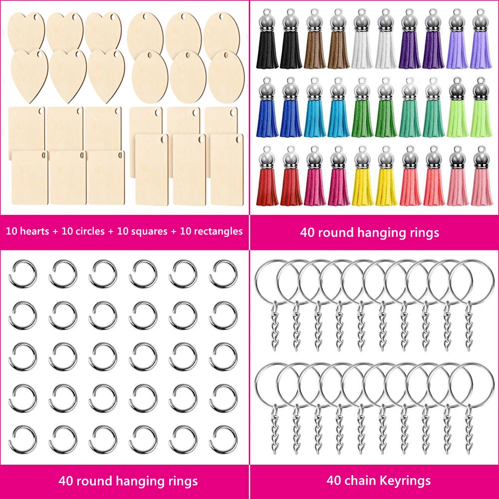 Handmade Wooden Round Square Heart-shaped Key Chain DIY Round Metal Ring Tassel Key Chain Creative Tassel Pendant Jewelry Making