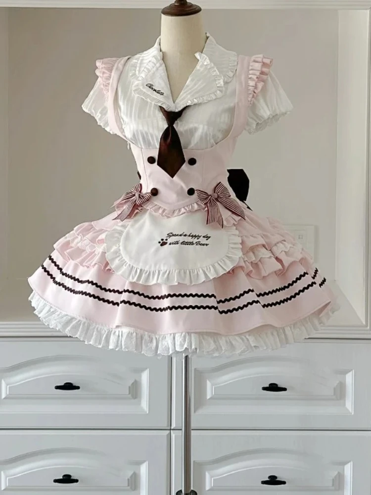 Harajuku Sweet Lolita Women 3 Piece Set White Lace Design Corset Tops + Puffy Skirt Retro Elegant Female New Chic Outfits Summer